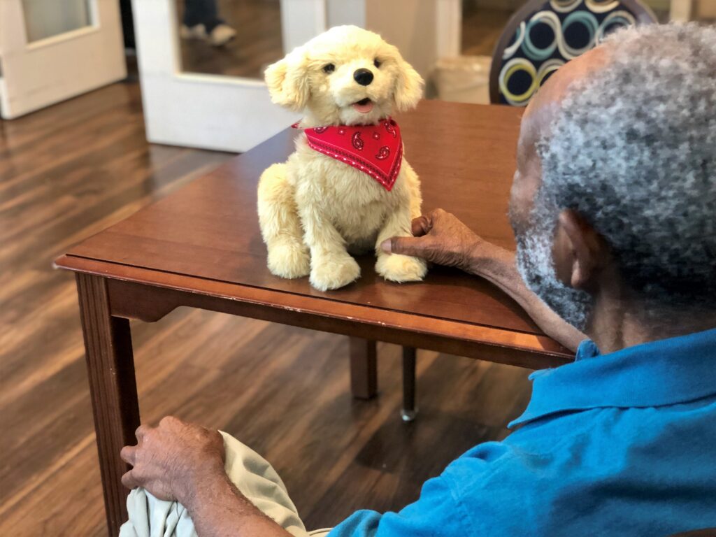 Residents enjoy interacting with robotic companion pets and therapy animals at Currituck House